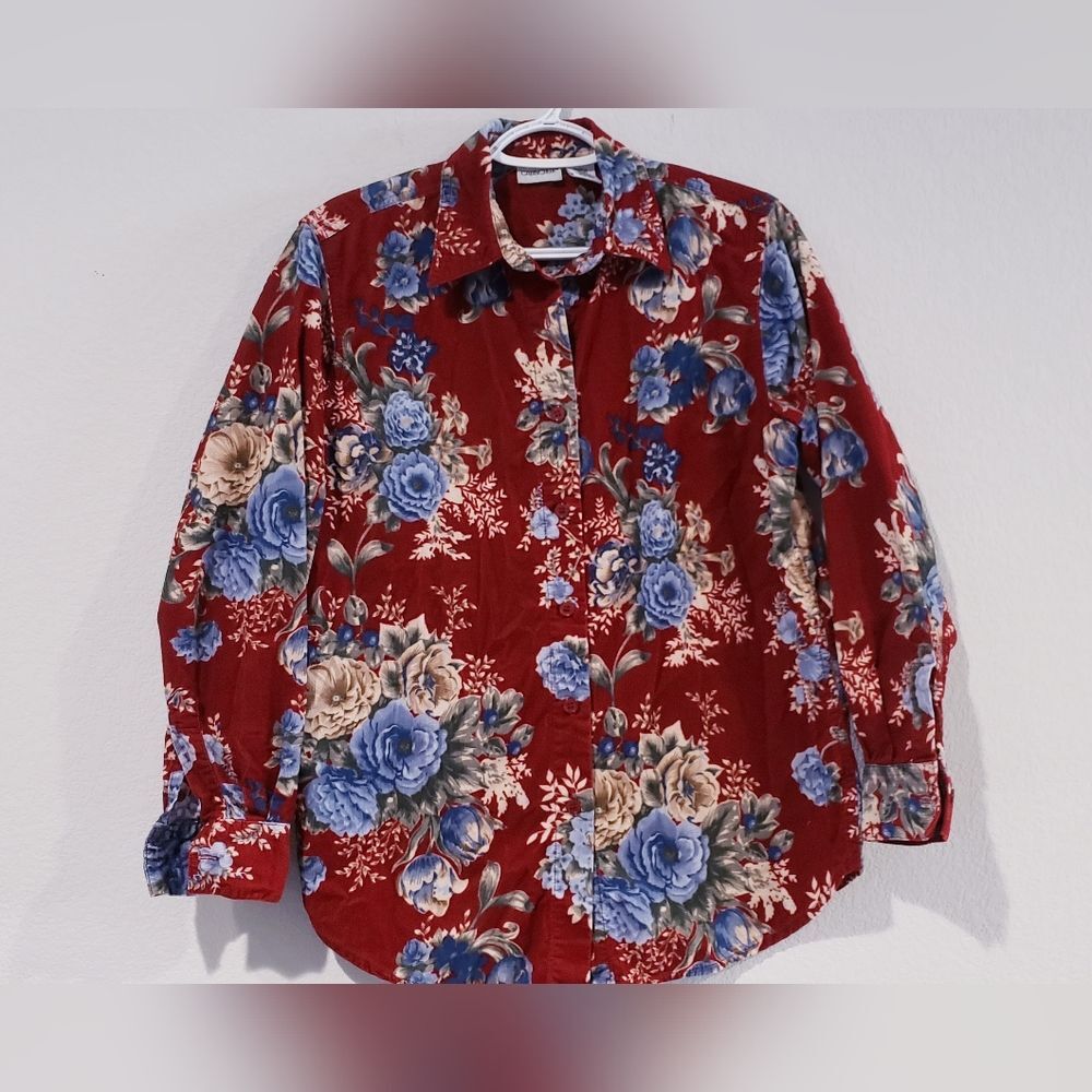 Floral Corduroy Shirt Long Sleeve Red Button Down Lightweight Cotton Ribbed S
